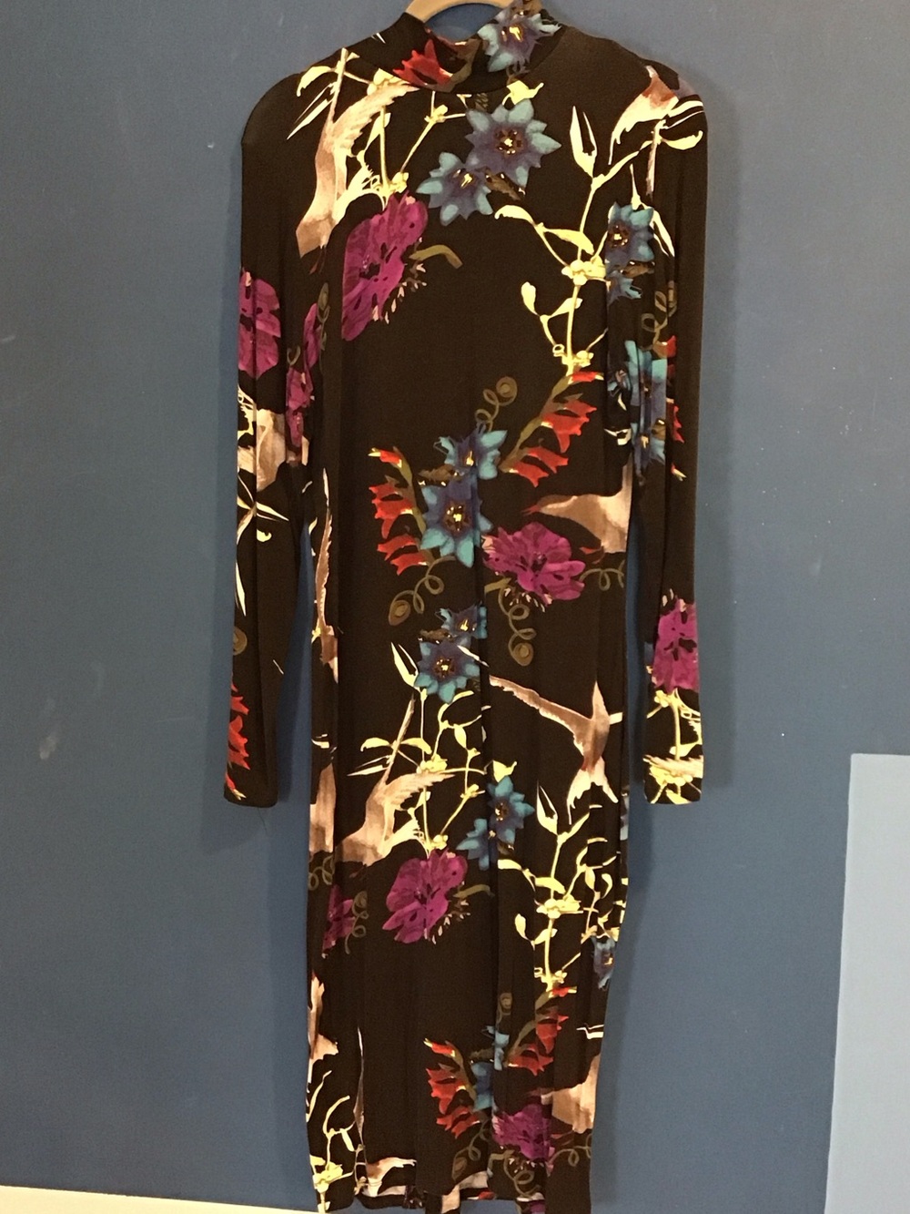 VENUS Black Long Sleeve Floral Midi Dress with Blue & Purple Blooms